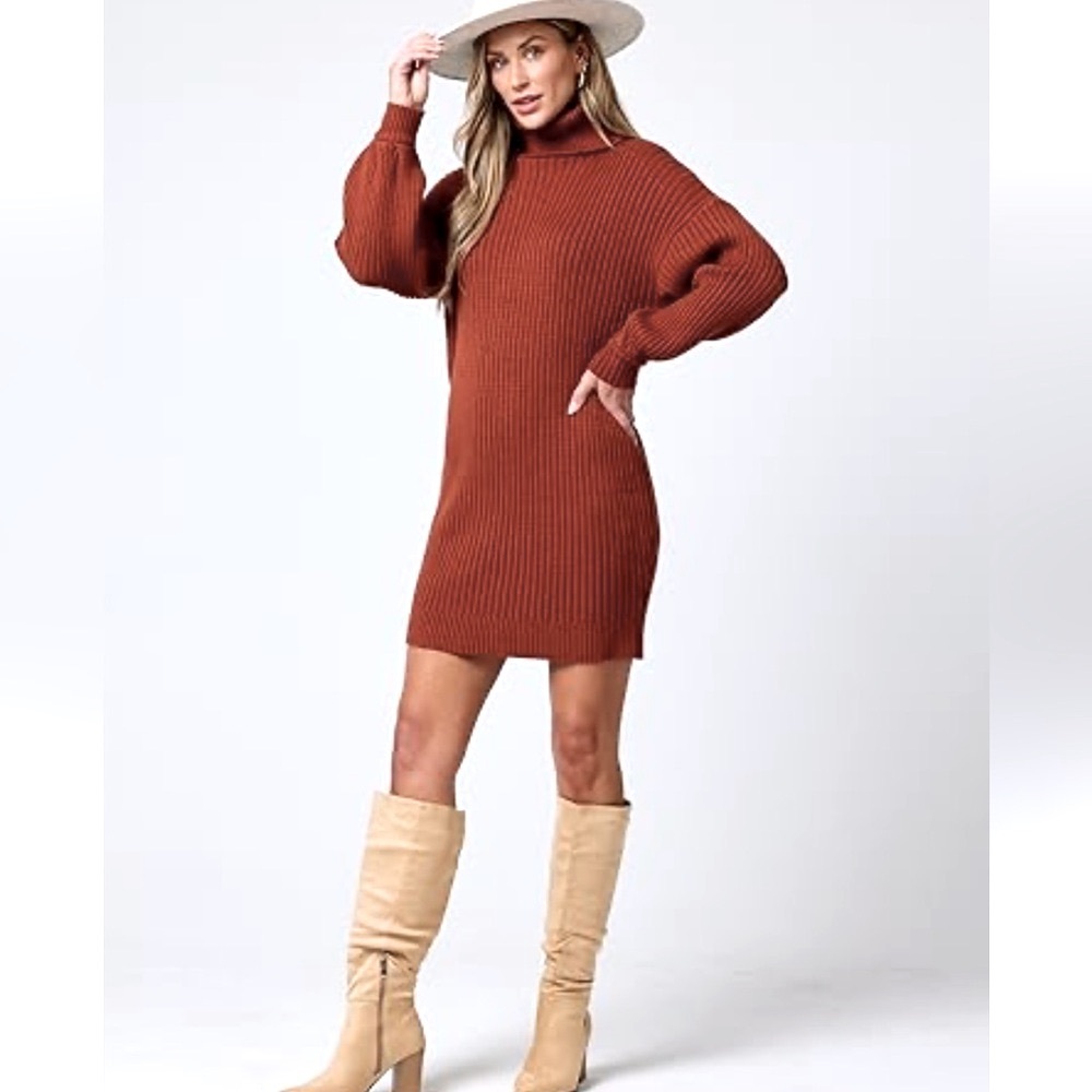 Anrabees Brown rust Ribbed Turtleneck Sweater midi Dress latern‎ sleeves size xl